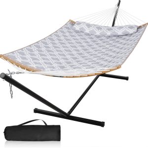 Large Hammock with 12FT Steel Stand, Freestanding Hammock for Outside, Double Person Hammock with Curved Spreader Bar, Pillow and Portable Bag, Gray Ripples