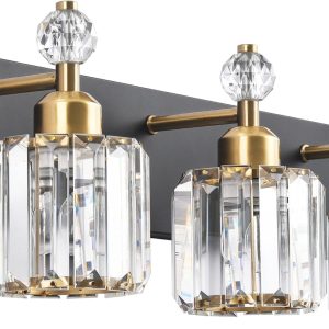 PRESDE Black Gold Crystal Bathroom Vanity Lights Fixtures Over Mirror Modern 3 Light Bath Wall Lighting