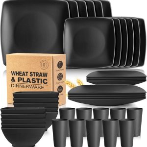 Teivio 40-piece Wheat Straw Square Dinnerware Set for 10, Unbreakable Dinner Plates, Salad Plates, Snack Bowls, Tumblers 20 oz, Dishwasher Safe, Black